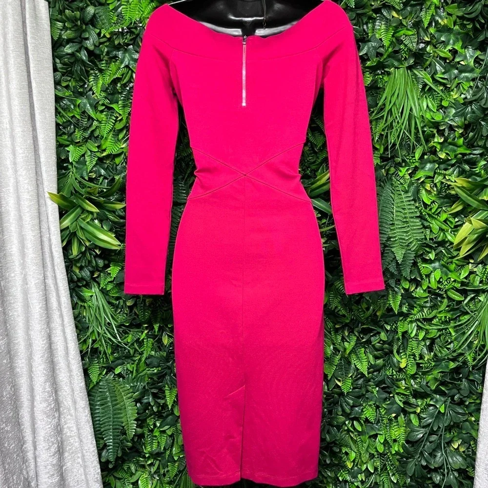 Karen Millen Dress US 6 Fuchsia Red Off Shoulder V-Neck Bodycon Midi 3853 - Picture 7 of 9